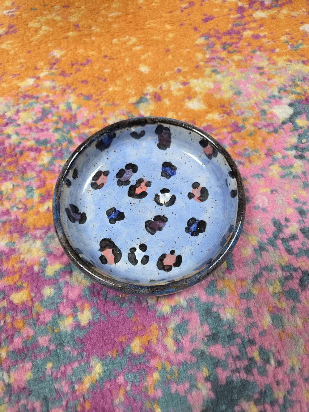 Handmade Ceramic Dish in Light Blue with Multicolor Spots